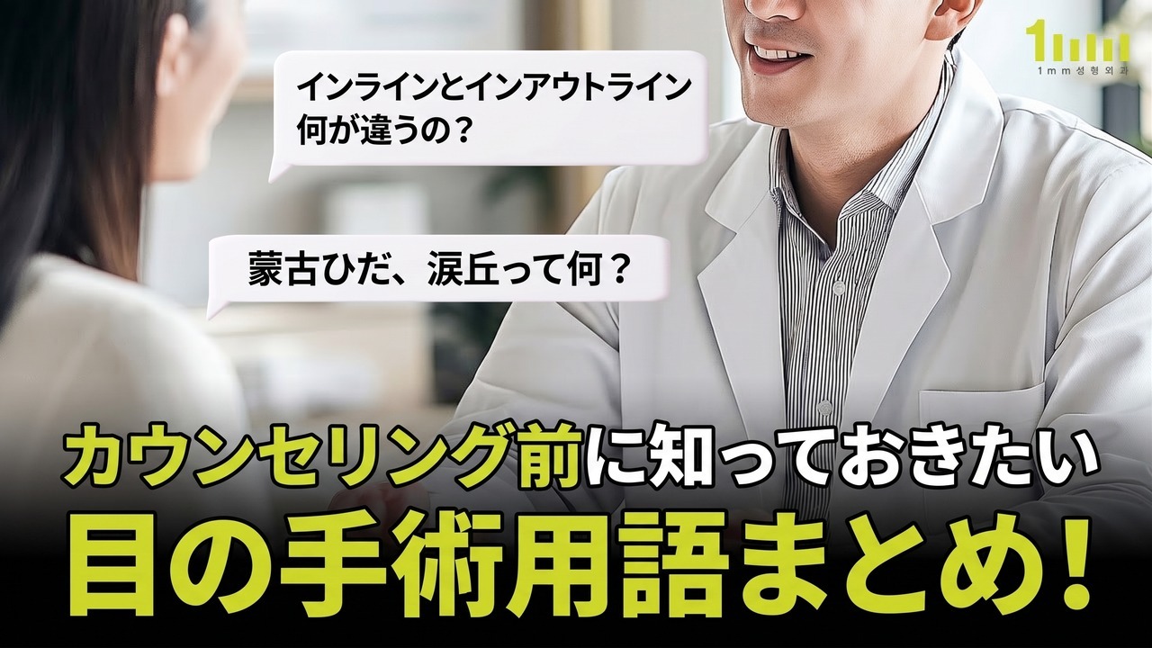 診察室で医師が患者に目の手術用語を説明している場面と、「インラインとインアウトライン、何が違うの？」「蒙古ひだ、涙丘って何？」という質問の吹き出し