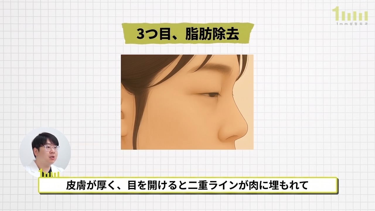 横から見たまぶたが厚ぼったい顔のイラストと、「皮膚が厚く、目を開けると二重ラインが肉に埋もれて」という動画字幕