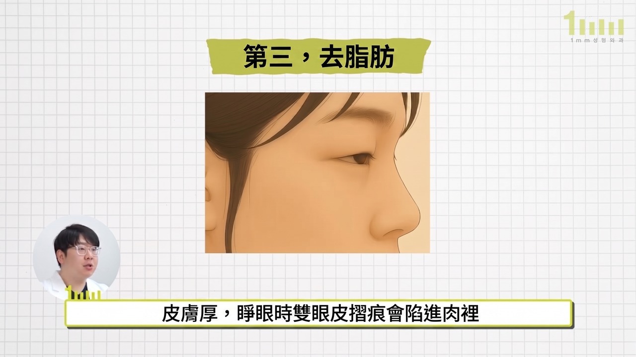 側面視角的上眼皮厚重的臉部插圖，配有影片字幕「皮膚厚，睜眼時雙眼皮摺痕會陷進肉裡」