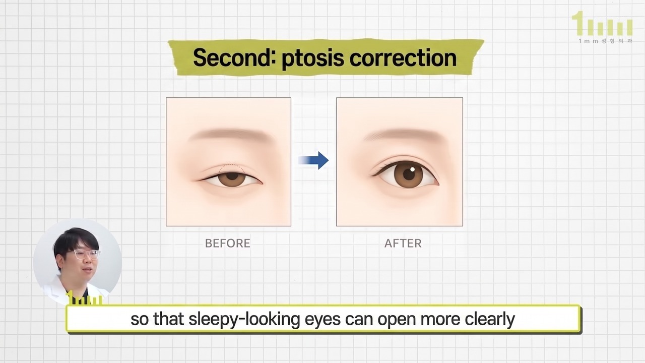 Before-and-after illustration explaining the concept of ptosis correction, with the video subtitle “so that sleepy-looking eyes can open more clearly and distinctly”